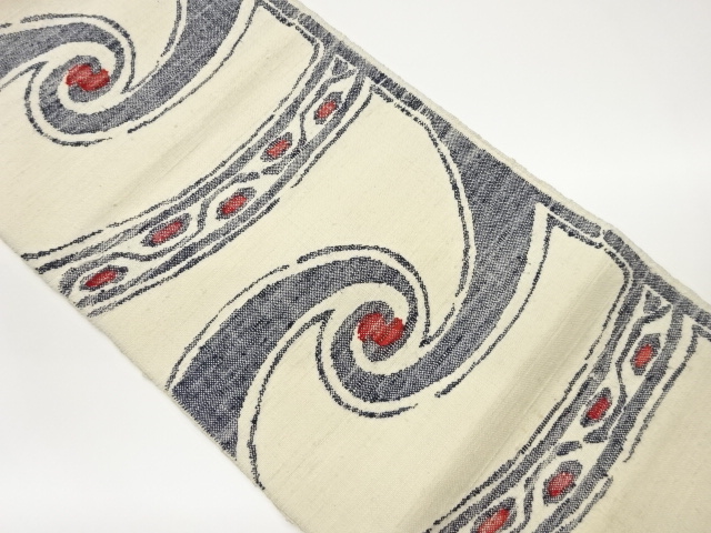 手織り真綿紬抽象横段模様織出し名古屋帯